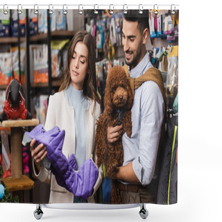 Personality  Smiling Muslim Man Holding Poodle Near Girlfriend With Animal Jacket In Shop  Shower Curtains
