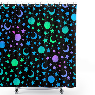 Personality  Mystical Bright Neon Pattern With Moon And Stars Shower Curtains