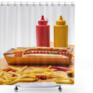 Personality  Close-up Shot Of Delicious Hot Dogs With French Fries, Mustard And Ketchup On Paper On White Surface Shower Curtains