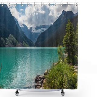 Personality  Beautiful Natural View With Emerald Lake And Scenic Mountains In Banff National Park, Alberta, Canada Shower Curtains