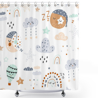 Personality  Seamless Childish Pattern With Sleeping Moon, Planets, Rainbow, Stars. Vector Illustration Shower Curtains