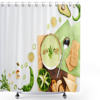 Personality  Top View Of Delicious Creamy Green Vegetable Soup Served With Croutons Ans Crackers Isolated On White Shower Curtains