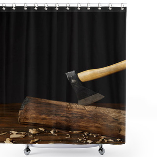 Personality  Close Up View Of Sticking Axe In Log And Wooden Chips On Black Background  Shower Curtains