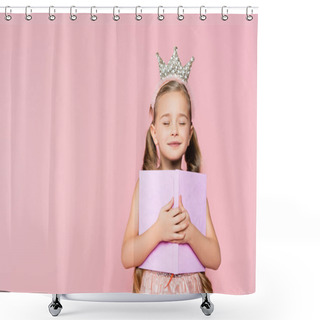 Personality  Smiling Little Girl With Closed Eyes In Crown Holding Book Isolated On Pink Shower Curtains