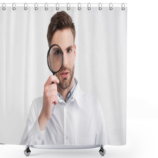 Personality  Portrait Of Confident Ophthalmologist Looking Through Loupe Isolated On White Shower Curtains