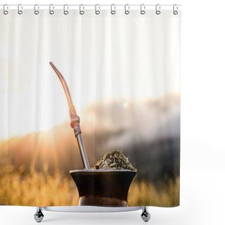 Personality  Gaucho Yerba Mate Tea, The Chimaro, Typical Brazilian Drink, Traditionally In A Cuiade Bombilla Stick Gourd Against Wooden Background. Rio Grande Do Sul, Preferred Drink Of The Gauchos Shower Curtains