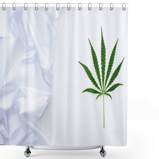 Personality  Top View Of Green Cannabis Leaf Near White Flag On White Background Shower Curtains
