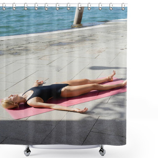 Personality  Blonde Woman Meditating In Corpse Pose And Tanning On Embankment In Venice  Shower Curtains