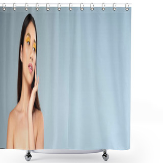 Personality  Asian Woman With Bold Makeup Looking Away Isolated On Blue, Radiant Skin And Youth, Banner Shower Curtains