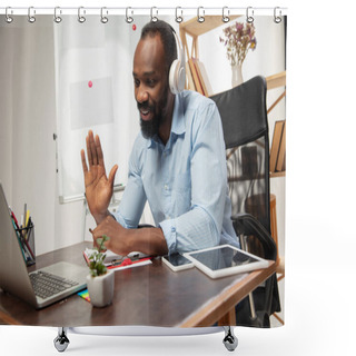 Personality  Online English Courses At Home. Smiling Man Teaches Students Remotely In Interior Of Living Room Shower Curtains