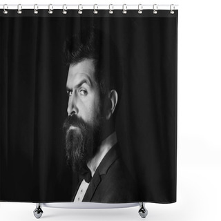Personality  Businessman With Tricky Face Looks From Aside. Man In Suit Shower Curtains