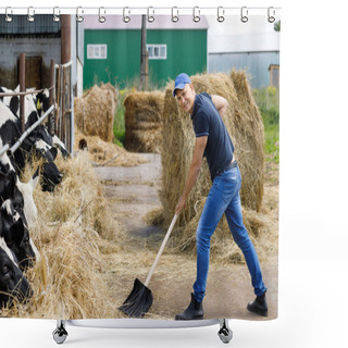 Personality  Positive Farmer With Cows On Background At Farm Shower Curtains