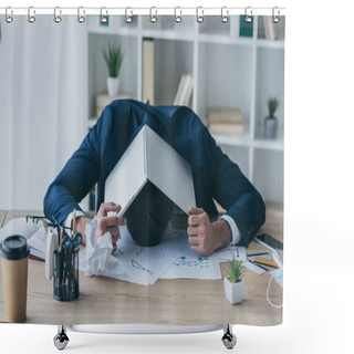 Personality  Depressed Businessman Covering Head With Laptop While Sitting At Workplace Shower Curtains