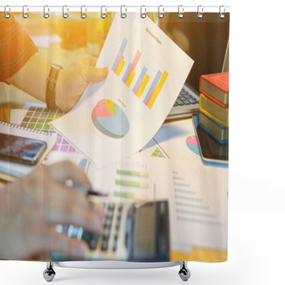 Personality  Cropped Image Of Businessman Analyzing Investment Charts With Calculator In Office Shower Curtains