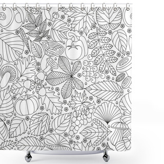 Personality  Seamless Pattern With Tree Leaves, Mushrooms And Vegetables. Various Elements For Design. Cartoon Vector Illustration. Black And White Colors. Autumn Background Shower Curtains