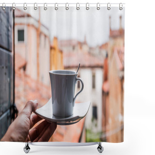 Personality  Cropped View Of Woman Holding Cup Of Coffee In Venice, Italy  Shower Curtains