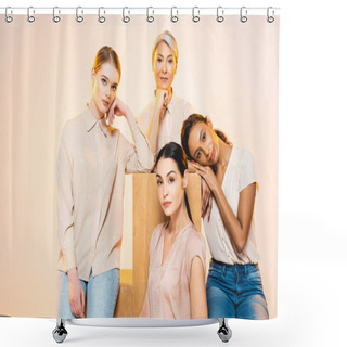Personality  Beautiful Multicultural Women With Makeup Looking At Camera Isolated On Beige  Shower Curtains
