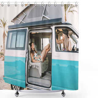 Personality  Two Young Women Having Fun In Her Van Near The Beach Shower Curtains