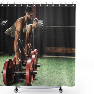 Personality  Muscular Men During Competition In The Farmer's Walk Exercise Shower Curtains