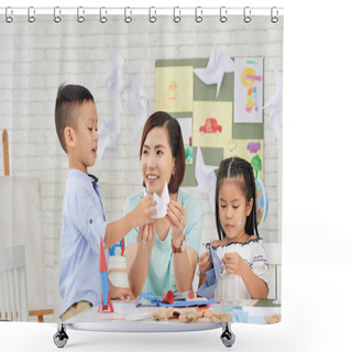Personality  Young Asian Woman Teaching Children How To Make Paper Ships At Art Craft Shower Curtains