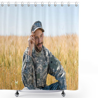 Personality  Positive Military Man Touching Cap And Smiling In Field  Shower Curtains