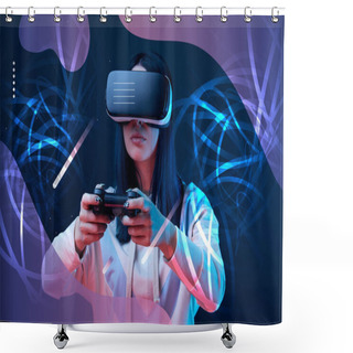 Personality  KYIV, UKRAINE - APRIL 5, 2019: Young Woman In Virtual Reality Headset Using Joystick On Dark Background With Abstract Illustration Shower Curtains