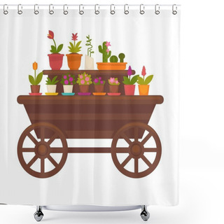 Personality  Fresh Spring Flowers In Pots On Wooden Trolley Vector Collection Isolated Shower Curtains