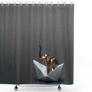 Personality  Golden Toy Elephant In Paper Boat On Grey Background, Animal Welfare Concept Shower Curtains