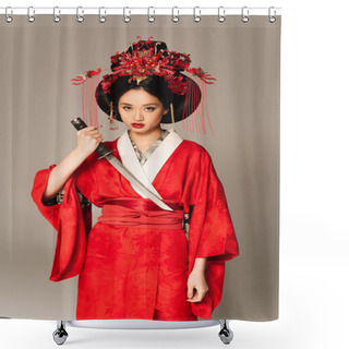 Personality  Asian Woman Holding Sword And Looking At Camera Isolated On Grey  Shower Curtains