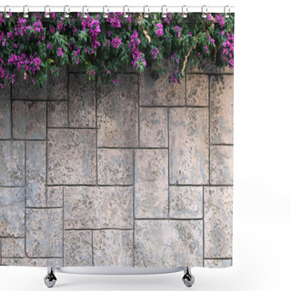 Personality  Masonry Stucco Wall Texture With Overhanging Flowers Bush. Exterior Architecture Background. Shower Curtains