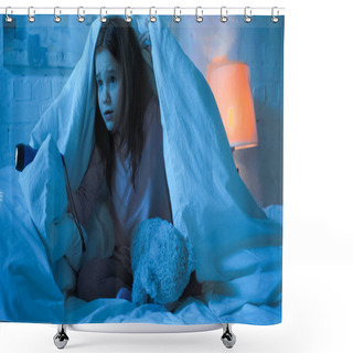 Personality  Scared Child Holding Flashlight Near Teddy Bear Under Blanket On Bed  Shower Curtains