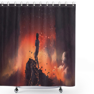 Personality  Man Shattered Into Pieces Standing A Lava Rock In Surreal Place, Digital Art Style, Illustration Painting Shower Curtains