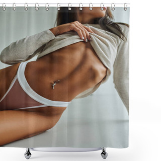 Personality  Partial View Of Slim Woman With Pierced Belly And Long Hair Posing In Panties And Long Sleeve Shower Curtains