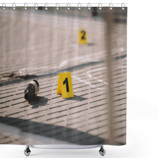 Personality  Close Up View Of Crime Scene With Chalk Line And Numbers Shower Curtains