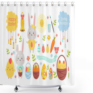 Personality  Easter Color Cartoon Flat Vector Illustration, Object And Cute Characters Set Shower Curtains