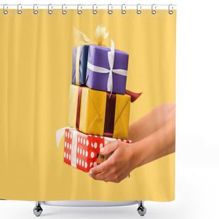 Personality  Partial View Of Girl Holding Gift Boxes Isolated On Yellow Shower Curtains