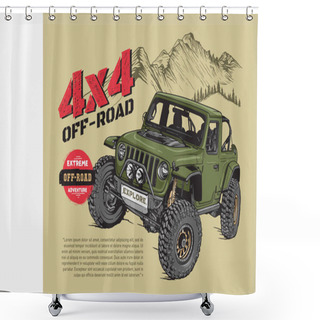 Personality  Off-road Jeep With Rocky Mountain Background Hand-drawn Vector Illustration Shower Curtains
