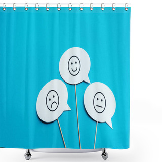 Personality  KYIV, UKRAINE - AUGUST 5, 2019: Set With Emoticons On White Speech Bubbles And Sticks On Blue  Shower Curtains