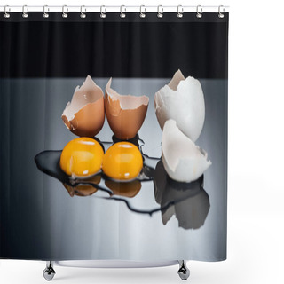 Personality  Raw Smashed Chicken Eggs With Yolks, Proteins And Eggshell Isolated On Black Shower Curtains