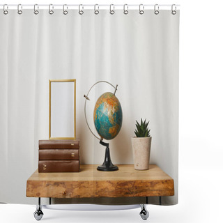 Personality  Frame On Books Near Globe And Green Plant In Pot  Shower Curtains