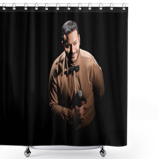 Personality  Pleased Middle East Comedian Performing Stand Up Comedy Into Microphone On Black  Shower Curtains