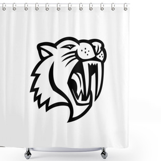 Personality  Black And White Mascot Illustration Of Head Of An Angry Saber-toothed Cat Or Smilodon, Viewed From Side On Isolated Background In Retro Style Shower Curtains