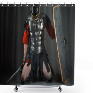 Personality  Tired Soldier Kneeling With A Shield And A Sword In Hands Shower Curtains