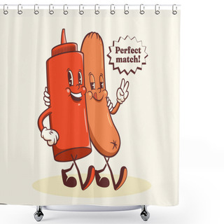 Personality  Groovy Hotdog Retro Characters Label. Cartoon Sausage And Ketchup Bottle Walking Smiling Vector Food Mascot Template. Happy Vintage Cool Fast Food Illustration With Typography. Isolated Shower Curtains
