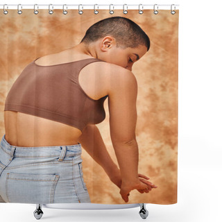 Personality  Body Diversity, Denim Fashion, Curvy And Tattooed Woman In Jeans And Crop Top Standing On Mottled Beige Background, Casual Attire Denim Fashion,  Self-acceptance, Generation Z, Body Love Shower Curtains