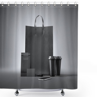Personality  Set Of Shopping Bag, Two Coffee Cups, Blank Business Cards And Generic Design Smartphone. Black Background. 3d Render Shower Curtains