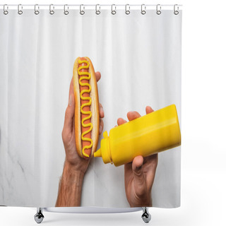 Personality  Cropped Shot Of Man Pouring Mustard Onto Hot Dog On White Marble Surface Shower Curtains
