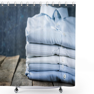 Personality  Stack Of Male Folded Shirts On Rustic Background Shower Curtains