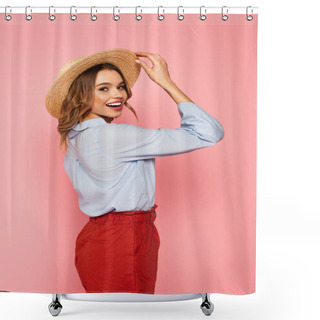 Personality  Stylish Woman In Sun Hat Smiling At Camera On Pink Background  Shower Curtains