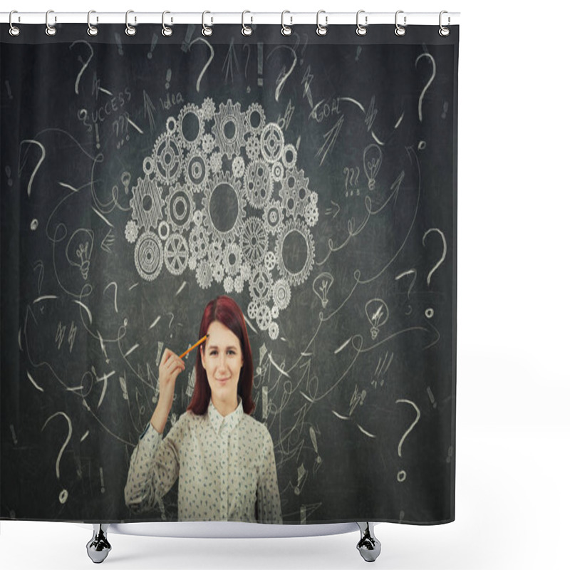 Personality  Puzzled Businesswoman Having Questions In Front Of A Blackboard. Big Chalk Drawn Gear Brain Above Head, Positive Thinking Mess As Thoughts. Concept For Mental, Psychological Development. Shower Curtains